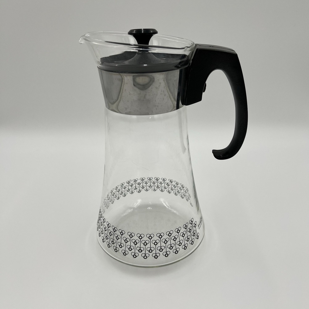 Pyrex Glass Pitcher‎ Coffee Pot Black Handle Floral Pattern Vintage Kitchenware